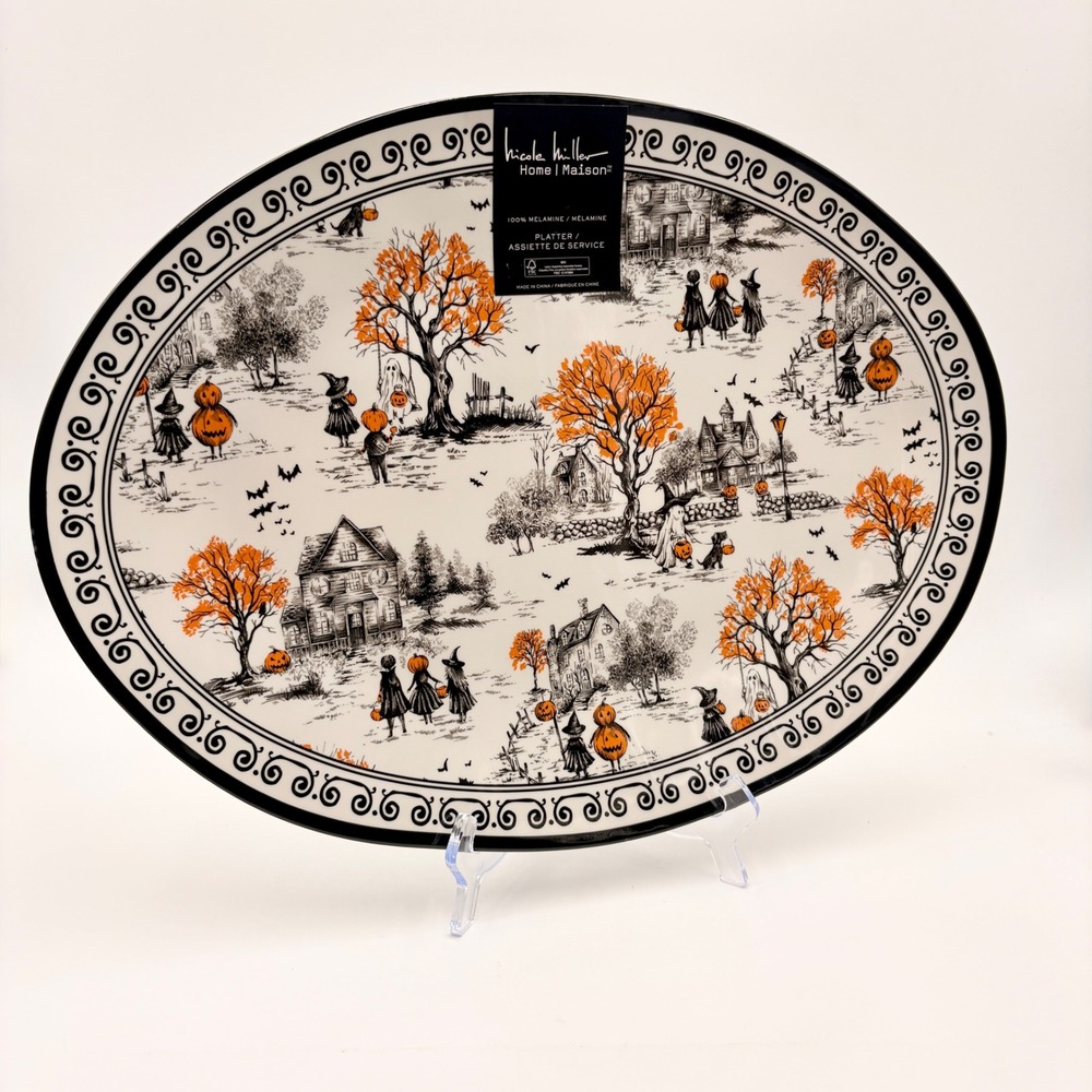 Nicole Miller Halloween Toile Melamine Serving Platter Oval Haunted House 18in